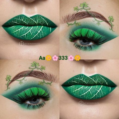 Leaf Eye Makeup, Leaf Eyeshadow, Fairies Makeup, Emerald Makeup, Leaf Makeup, Plant Makeup, Dramatic Eyeshadow, Beetlejuice Makeup, Rainbow Eye Makeup