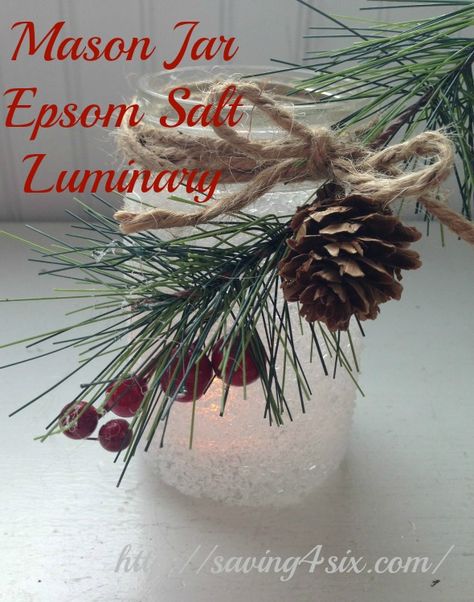 Mason Jar Epsom Salt Luminaries Epsom Salt Mason Jars, Epson Salt Mason Jar Christmas, Christmas Crafts With Mason Jars, Epsom Salt Jars, Epsom Salt Candles, Salt Crafts, Snowy Mason Jars, Candle Diy Mason Jar, Winter Window Boxes