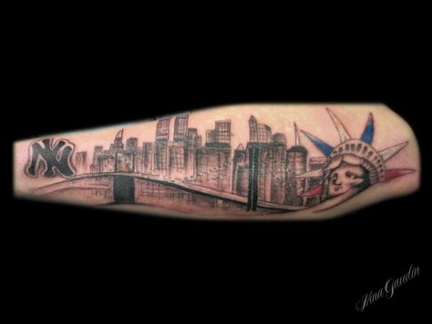 New York Skyline Statue of liberty twin towers bridge black grey forearm  - Tattoo by Nina Gaudin of 12th Avenue Tattoo in Nampa, ID Brooklyn Bridge Tattoo, Nyc Skyline Tattoo, Bridge Tattoo, Chicago Tattoo, Patriotic Tattoos, Nice Tattoos, Sunset Tattoos, Nyc Tattoo, Mens Shoulder Tattoo