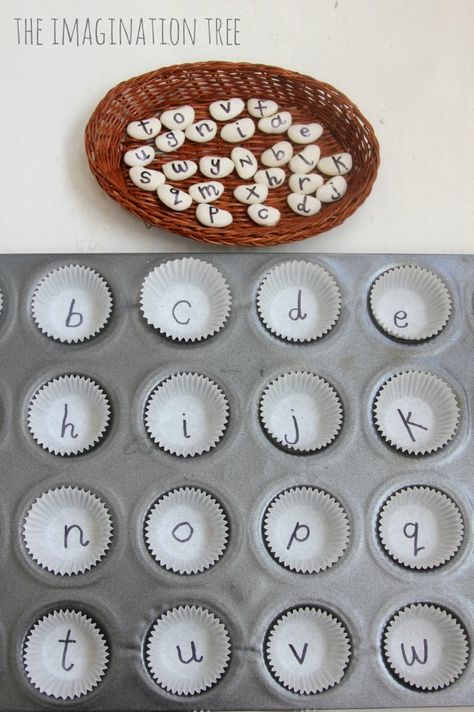 Alphabet beans literacy activity. Would also be a great activity for learning upper and lower case letters. Imagination Tree, Literacy Games, Preschool Literacy, Preschool Letters, Letter Activities, Ann Marie, Alphabet Preschool, Preschool At Home, Kindergarten Literacy