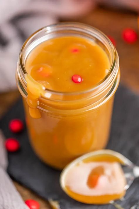 Calling all caramel lovers: experience the perfect blend of sweet, creamy, and spicy with the delicious fireball cinnamon caramel sauce. Red Hots Candy, The Stay At Home Chef, Delicious Cheesecake Recipes, Stay At Home Chef, Yummy Cheesecake, Cinnamon Caramel, Dessert Sauce, Cinnamon Flavor, Dessert Sauces