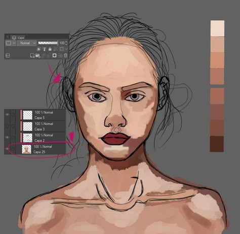 How To Color Skin Digital Realistic, Realistic Skin Tutorial Digital Art, How To Shade Realistic Skin, How To Paint Skin Digital Art, How To Paint Realistic Skin, Neck Shading Reference, How To Paint Skin Digitally, Skin Painting Tutorial Digital Art, How To Shade Skin Digitally