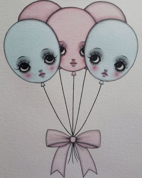 Doll Face Drawing, Creepy Coquette, Balloons Drawing, Drawing Creepy, Surrealism Tattoo, Coquette Art, Creepy Cute Aesthetic, Balloon Tattoo, Pastel Goth Art