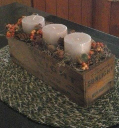 Cheese Boxes Repurposed Vintage, Vintage Cheese Box Ideas, Wooden Cheese Boxes Ideas, Cheese Box Decor, Cheese Boxes Repurposed, Cheese Box Ideas, Candles Autumn, Cheese Boxes, Box Centerpiece