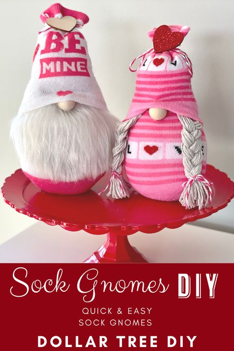 dollar tree, dollar tree diy, sock gnome, sock gnomes, diy, craft Sock Valentine Ideas, Diy Valentine Gnomes How To Make, Dollar Tree Sock Gnome, Sock Gnomes Diy Dollar Store, Gnome Socks Diy, Valentine's Gnomes Diy, How To Make Sock Gnomes, Sick Gnomes, Valentine’s Day Gnomes