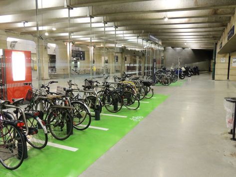 DSCN2448 – Paris FR – Gare Montparnasse – In-Station Bike Parking | Velo.Urbanism Bike Parking Lot, Parking Lot Design, Cycle Store, Bike Parking, Parking Lot, Train Station, Bike, Train, Paris