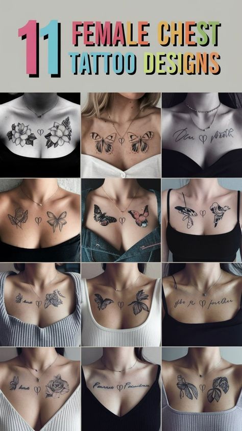 Dream Catcher Chest Tattoo Female, Tattoo Ideas Female Chest For Women, Korean Chest Tattoo, Neck Chest Tattoos Women, Ladies Chest Tattoo, Tattoo Cover Up Ideas For Women Chest, Chest Tattoo Women Ideas, Big Chest Tattoo Female, Upper Breast Tattoo For Women