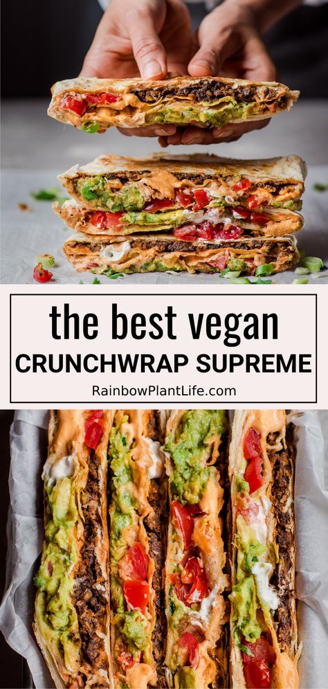 Vegan Crunch Wrap Supreme, Vegan Crunch Wrap, Vegan Crunchwrap, Vegan Tacos Meat, Rainbow Plant Life, Crunchwrap Supreme, Vegan Taco, Crunch Wrap, Vegan Beef