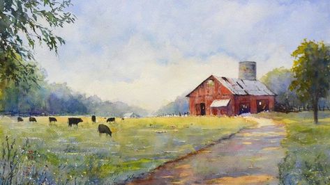 Farm scene Farm Scene Painting, Black Cows, Watercolor Barns, Large Landscape Painting, Watercolor Farm, Loose Watercolor Paintings, Barn Pictures, Farm Paintings, Landscape Tattoo