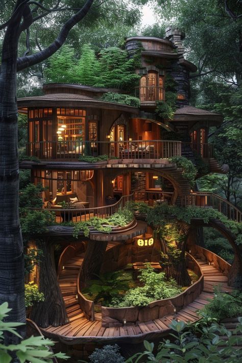 Tiny Home In Forest, Fantasy Guild, Japanese Mansion, Croquis Architecture, Luxury Tree Houses, Forest Houses, Forest Homes, Beautiful Tree Houses, Small Forest