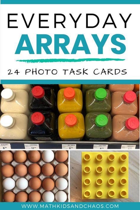 Make multiplication fun and relevant with this set of 24 'real life' arrays task cards. Each task card has a colour photograph of a multiplication array from everyday life. Use these cards with either the recording sheet, or with the number cards to make a matching activity. Makes a great math center! #multiplication #multiplicationactivities #mathtaskcards #mathkidsandchaos #elementarymath #grade2math #grade3math Multiplication Arrays, Multiplication Fun, Multiplication Activities, Everyday Math, Teaching Multiplication, Teaching Third Grade, Math Multiplication, Math Intervention, Math Task Cards