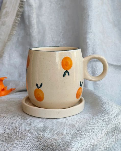 Introducing Tamarind Cup & Saucer🍊 . #cups #coffeetime #mugs #cute #pinterest #handmade #orange #art #decor #aesthetic Orange Pottery Painting, Fruit Pottery Painting, Easy Pottery Painting, Ceramics Painting, Orange Paint, Painted Mugs, Clay Mugs, Orange Art, Decor Aesthetic