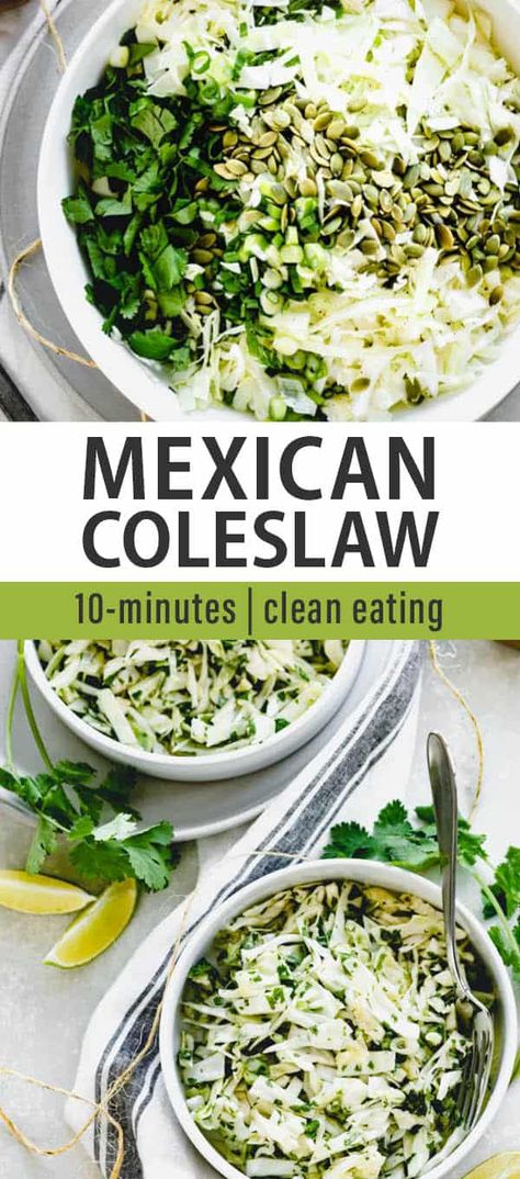 This five minute Mexican coleslaw recipe is made with cabbage, cilantro and lime. It’s a super simple (and healthy) side dish to go with Mexican food. Whole30 approved, vegan, paleo, low carb, and great for clean eating. Mexican Coleslaw Recipe, Mexican Coleslaw, Green Onions Recipes, Taco Side Dishes, Cilantro Salad, Healthy Coleslaw, Cilantro Recipes, Cabbage Salad Recipes, Mexican Side Dishes