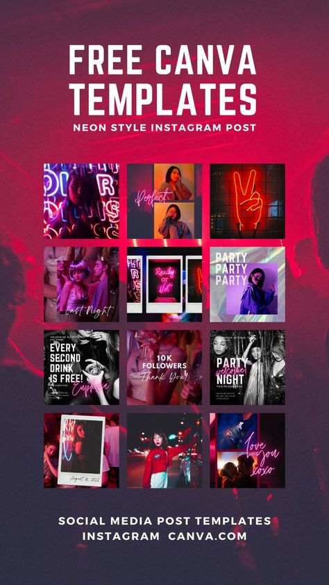 Night Club Instagram Feed, Neon Social Media Design, Influencer Party, Club Social Media, Neon Template, Night Life Party, Party Social Media Post, Neon Instagram, Free Canva Templates