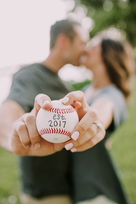 Baseball Themed Engagement Pictures, Softball Engagement Pictures, Baseball Theme Engagement Photos, Athletic Engagement Photos, Stadium Photoshoot, Softball Photoshoot, Baseball Engagement Photos, Baseball Engagement, Homemade Wedding Decorations