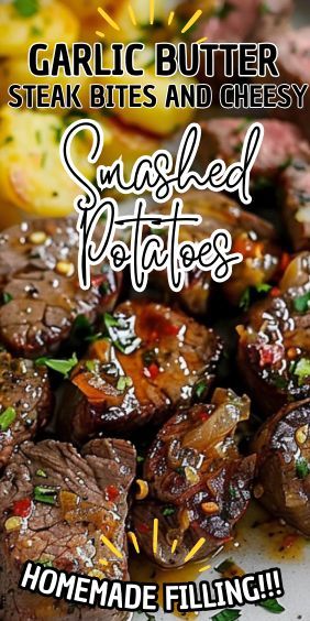 This recipe for Garlic Butter Steak Bites paired with Cheesy Smashed Potatoes is exactly what you need. It’s a dish that brings comfort and gourmet flavors right to your dinner table. The tender steak bites, cooked to perfection and smothered in rich garlic butter, combined Tender Steak Bites, Slow Cooker Ravioli, Garlic Butter Steak Bites, Butter Steak Bites, Steak Bites Recipe, Smashed Potatoes Recipe, Garlic Steak, Butter Steak, Tender Steak