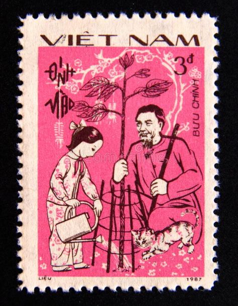 Postage stamp Vietnam, 1987. Chinese New Year, Year of the Cat. Post stamp printed in vietnam, 1987. Chinese new year, year of the cat. Value 3 vietnamese dong stock images Year Of The Cat, Cat Stock, Envelope Stamp, Fancy Letters, Postage Stamp Art, Cat Post, Stamp Printing, Vintage Postage, Post Stamp