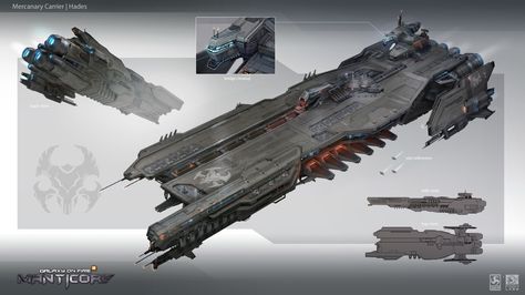 A few concepts for the bigger ships of Galaxy on Fire 3: Manticore. Done a few years ago. Got the permission to show them just now. Mercenary Carrier detailing was based on a earlier concept done by Marc Nagel. Space Carrier, Shape Language, Space Fleet, Space Ships Concept, Sci Fi Spaceships, Space Ship Concept Art, Starship Concept, Capital Ship, Space Battleship