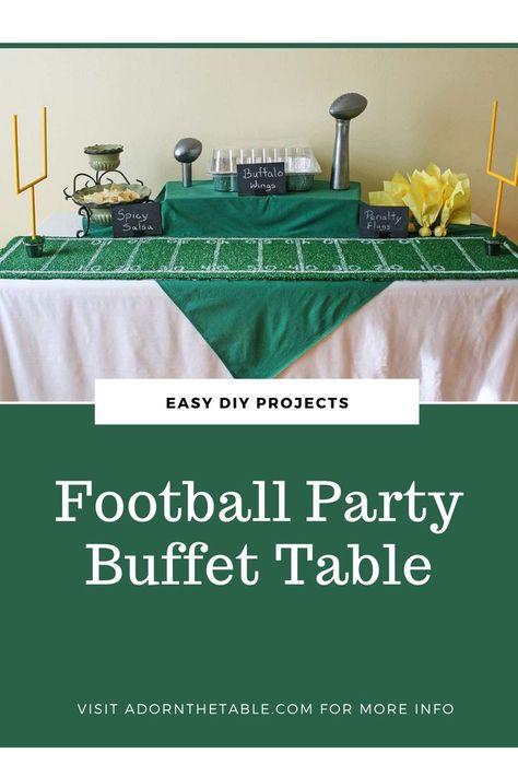 Recreate this simple football-themed buffet table using easy and cheap diy projects. Also great for a Super Bowl watch party. Super Bowl Table Set Up, Football Table Cloth, Flag Football Banquet, Superbowl Party Setup, Backyard Superbowl Party, Super Bowl Flower Arrangements, Football Tailgate Tablescape, Football Themed Table Decorations, Super Bowl Party Centerpieces