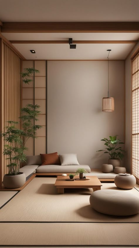 Incorporate plants into your Japandi living room to enhance the natural aesthetic. Start with low-maintenance indoor plants like succulents, ferns, or bonsai trees 🌱 to add greenery without overwhelming the space. Use wabi sabi by choosing imperfect, handcrafted plant pots 🏺 that highlight natural beauty. Place plants on wooden shelves or bamboo stands 🪵 to maintain the natural materials theme. Integrate hygge decor with cozy plant corners and soft lighting 💡 to create a soothing environment. Select modern interior planters with clean lines to complement the minimalist design, perfect for a modern apartment or beach house decor. Arrange plants strategically to enhance the balance between Japanese interior and Scandinavian style interior elements. Japanese Indoor Design, Living Room Japandi Design, Japandi Condo Interior, Japandi Apartment Design, Japandi Room Design, Corner Plants Indoor Decor, Japanese Plants Indoor, Japandi Living Room Ideas, Plants Japandi