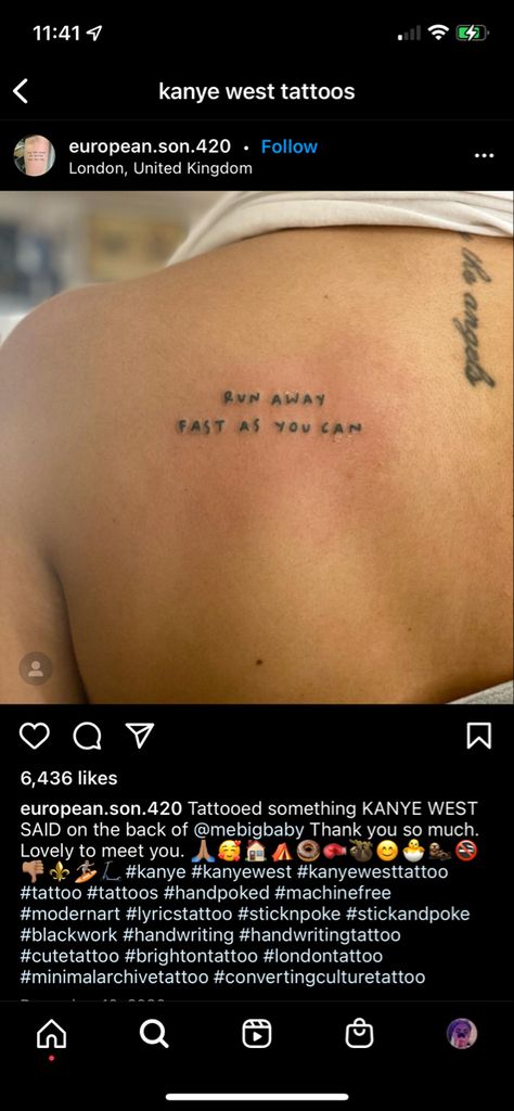 Kanye Lyric Tattoos, Simple Mini Tattoo Ideas, Runaway Tattoo Kanye, Kanye West Lyric Tattoo, Kanye West Tattoo Lyrics, Runaway Tattoo, Ye Tattoo, I Feel Kinda Free Tattoo, Ghost Town Tattoo Kanye