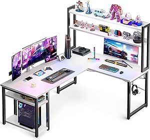 ODK L Shaped Gaming Desk with Hutch, Computer Desk with Storage Shelves, 59" L Shaped Desk for Home Office, Corner Desk with Headphone Hook, White White Corner Desk, Small Room Desk, L Shaped Gaming Desk, Computer Desk With Storage, Desk For Home Office, Computer Desk With Shelves, Corner Desk Office, Desk With Hutch, White Desk Office