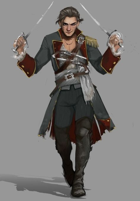 Human Rogue Swashbuckler Bard Dnd Duelist, Rapier Swords, Swords Bard, Pirate Concept, Two Swords, Expression Face, Character Design Cartoon, Pirate Captain, Pirate Art