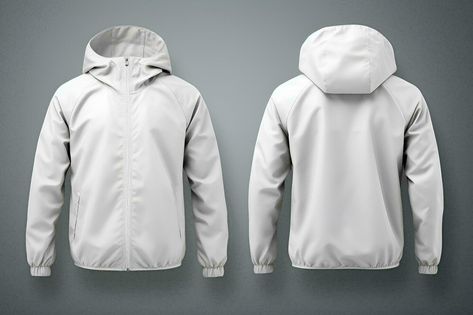 Blank white windbreaker jacket mockup, front and back view. Generative AI Windbreaker Mockup, Jaket Parasut, Jacket Mockup, White Windbreaker Jacket, White Windbreaker, Mens Windbreaker, Clothing Mockup, Soccer Training, Back View