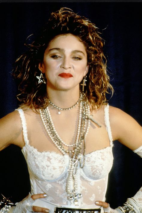 Madonna During Her 1984 MTV VMAs Performance Madonna Outfits, Madonna Costume, Madonna Like A Virgin, Madonna Concert, Madonna Fashion, Madonna Looks, Look 80s, 80s Party Outfits, Madonna 80s