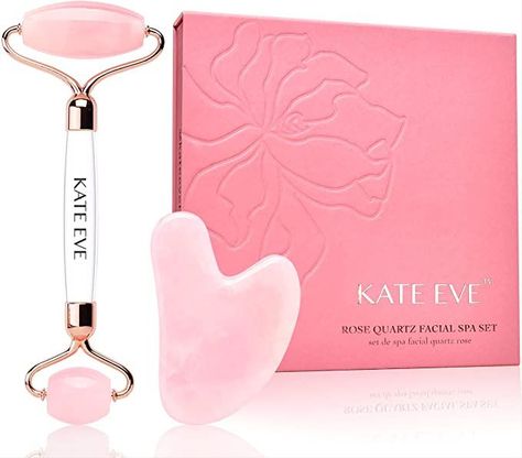 Kate Eve Jade Roller and Gua Sha Set - Premium Rose Quartz Facial Roller & Guasha Tools for Face Massage, Depuff & Skin Lifting - Reduces Wrinkles & Muscle Tension Jade Roller And Gua Sha, Rose Quartz Facial Roller, Roller And Gua Sha, Gua Sha Set, Facial Bones, Facial Therapy, Wrinkle Reduction, Make Up Organiser, Jade Roller