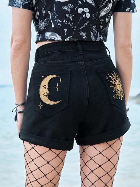 ROMWE Goth Sun & Moon Embroidery Pocket Denim Shorts Goth Embroidery Clothes, Black Jeans Embroidery, Space Jeans, Painted Denim Shorts, Moon Shorts, Cheap Aesthetic, Goth Embroidery, Space Clothes, Goth Shorts