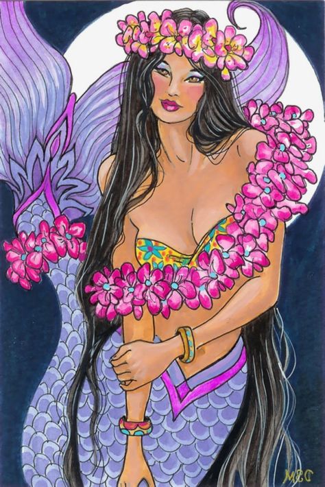 Hawaiian Mermaid, Art Vampire, Moon Flowers, Dengeki Daisy, Mermaid Artwork, Fantasy Mermaids, Mermaid Fairy, Mermaid Drawings, Mermaid Painting