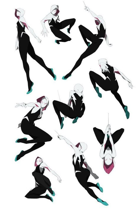 Spider Man Action Poses, Gwen Stacy Pose Reference, Spider Gwen Poses Reference, Gwen Stacy Poses, Spider Gwen Reference, Spider Verse Poses, Spider Gwen Poses, Gwen Stacy Reference, Spiderman Reference Poses