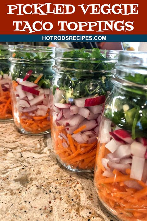 These Pickled Veggie Taco Toppings are perfect for tacos or burritos. Beware as these veggies are spicy thanks to the jalapeños. #tacotopping #pickledveggies #hotrodsrecipes Taco Meal, Taco Toppings, Veggie Tacos, Dry Rubs, Pickled Veggies, Vegan Mexican, Pickled Vegetables, Pickling Recipes, Fermented Foods