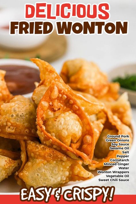 Deep Fried Wontons Pork, Pork Fried Wontons, Pork Shrimp Wonton, Homemade Pork Wontons, Asian Wonton Recipes, Pork Won Ton Recipes, Deep Fried Dumplings, Fried Wontons Recipes, Wong Tong Recipes Appetizers