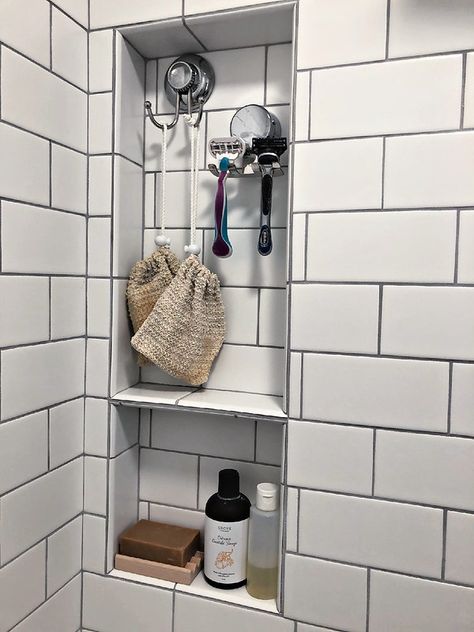 Farmhouse Shower Niche, Shower Niche Organization, Tile Shower With Curtain, Alcove Shower Remodel, Off Center Shower Niche, 32 Inch Shower Ideas, Corner Shower Niche Ideas, Shower Niche Subway Tile, Shower Niches Ideas Built Ins