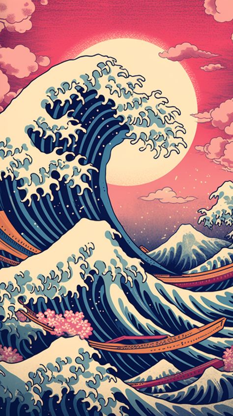 Hokusai's Great Wave, a distinctive piece of Japanese art The Wave Hokusai, Wave Japanese Art, Japanese Waves Art, Japanese Sea Art, Japanese Waves Drawing, Anime Wall Painting, Japanese Wave Painting, Anime Wave, Japanese Wave Art