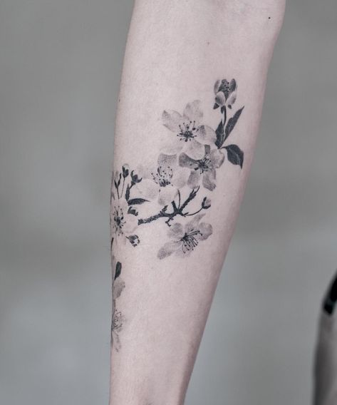 B&W Sakura Black Sakura Tattoo, Sakura Tattoo Black And White, Cherry Blossom Tattoo Black And White, Blossom Drawing, Meaningful Wrist Tattoos, Sakura Tattoo, Create A Tattoo, Vine Tattoos, Mermaid Tattoos