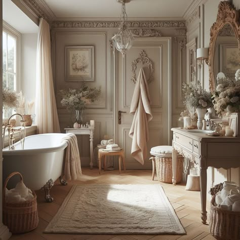 French Master Bath Ideas, French Chateaux Interiors, French Country Blue Bathroom, French Country Master Bath Bathroom, French Farmhouse Bathroom Ideas, French Country Cottage Bathroom Master Bath, French Apartment Aesthetic Bathroom, French Country Bathroom Decor, Romantic Bathroom Ideas