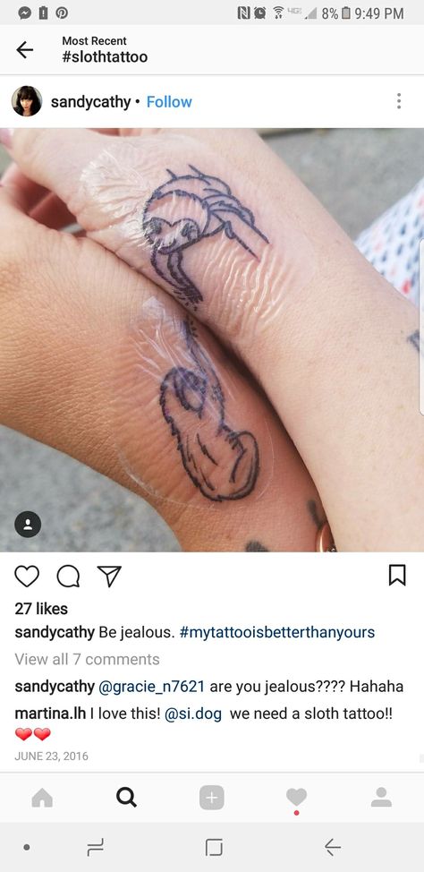 Sloth Finger Tattoo, Matching Sloth Tattoo, Simple Sloth Tattoo, Tiny Sloth Tattoo, Otter Tattoo, Sloth Tattoo, Matching Best Friend Tattoos, Sister Tattoo, Best Friend Tattoos