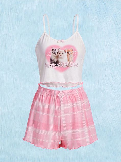 Multicolor  Collar Sleeveless  Cartoon,Plaid Short Sets Embellished Slight Stretch Summer Women Sleep & Lounge Pijama Set, Women Cartoon, Pajamas For Women, Kawaii Cartoon, Cute Pajamas, Fashion Wishlist, Cute Kittens, Loungewear Sets, Pajama Set Women