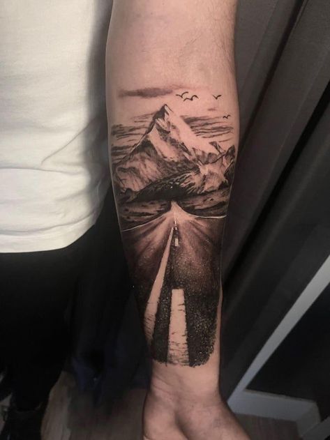 Dirt Road Tattoo, Gtr Tattoo, Road Tattoo Design, Road Tattoo, Landscape Tattoos, Travel Tattoo Ideas, Nature Tattoo Ideas, New Zealand Tattoo, Nature Road