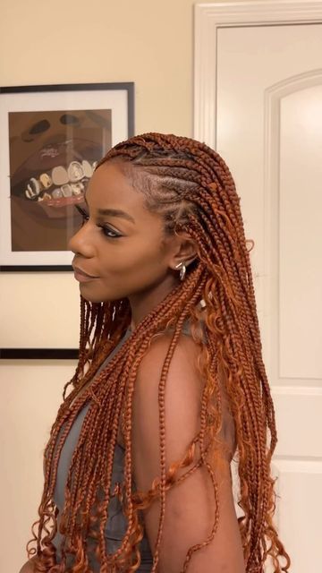 Claire Adekanye | Natural Hair on Instagram: "Flip Over Fulani Braids but make it ginger 🧡  Come with me to get some Fulani braids. I wanted to try this style as soon as it came out. I love the versatility of this style!  I was so happy to find this copper braiding hair by @shakengo_hair. It hasn’t been a month since I dyed my roots and the new growth is crazy!!   Braids 🤍 @touchedbynefe_ @nefertari_anyika   #flipoverfulanibraids #fulanibraids #protectivestyles #braidinghair #gingerhair #bohobraid" Copper Fulani Braids, Ginger Fulani Braids With Curls, Fulani Braids Color 30, Autumn Braids For Black Women, Fulani Braids Ginger, Honey Brown Fulani Braids, Copper Red Braids, Ginger Fulani Braids, Flip Over Fulani