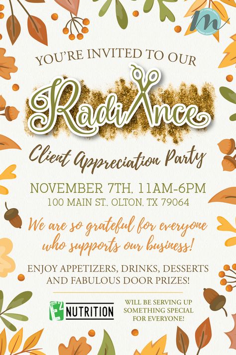 Client Appreciation Invitation - Radiance Salon, Olton, Tx Salon Client Appreciation Party, Client Appreciation Party, Door Prizes, Client Appreciation, Youre Invited, Marketing Materials, Business Card, Business Cards, Card Design