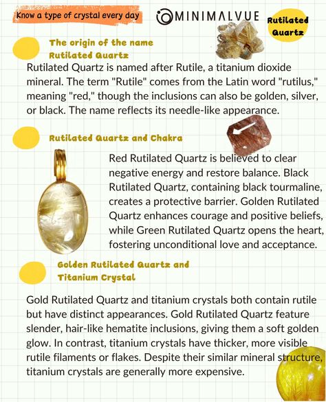 Rutilated Quartz crystal meanings Crystals Meanings, Natural Philosophy, Rutilated Quartz Crystal, Golden Rutilated Quartz, Clear Negative Energy, Types Of Crystals, Golden Hair, Latin Words, Crystal Meanings