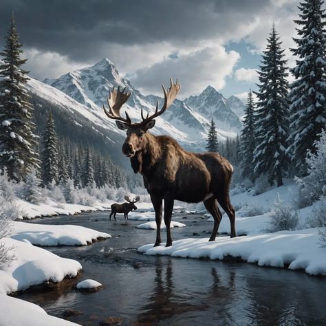 Winter scene with powerful moose - AI Generated Artwork - NightCafe Creator Hunting Scene Painting, Moose Painting, Winter Landscape Photography, Glass Block Crafts, Snow Board, Laser Projects, Window Ideas, Glass Block, Old Windows