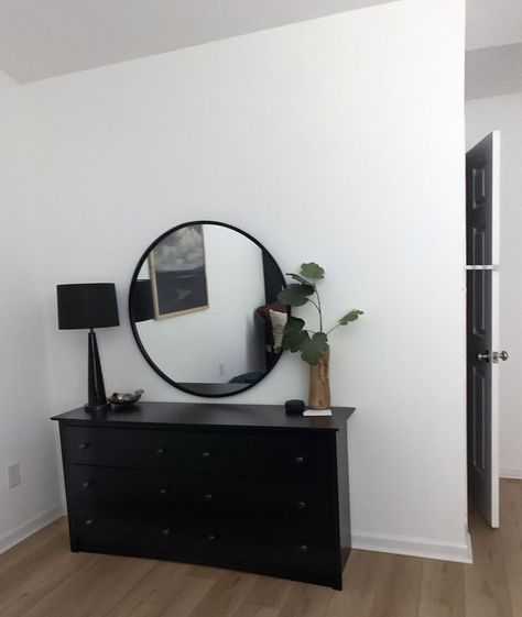 Man Bedroom, Green Dresser, Black Dresser, Black Dressers, Makeover Bedroom, Circle Mirror, Mens Bedroom, Mirror With Shelf, Bedroom Mirror