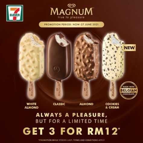 7 Eleven Magnum Ice Cream Promotion 3 for RM12 valid until 27 June 2021 Ice Cream Promotion, Ice Cream Magnum, Magnum Ice Cream, Comic Wallpaper, Ice Cream Poster, Almond Cream, 7 Eleven, Almond Cookies, Belgian Chocolate