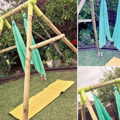 A Plum Play Swing A- Frame made a nice aerial yoga swing ...very happy and it was easy to build and much cheaper! Yoga Trapeze Stand Diy, Diy Aerial Yoga Stand, Diy Aerial Rig, Aerial Yoga Quotes, Aerial Yoga At Home, Aerial Yoga Studio, Yoga Photography Photo Shoots, Aerial Sling, Yoga Resort