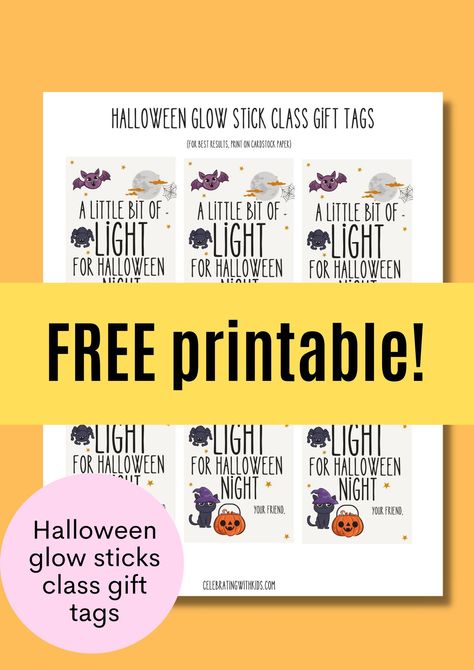 Discover an effortless Halloween class gift idea that’s both budget-friendly and delightful! These glow stick gifts, paired with charming printable tags, offer a unique and thoughtful alternative to traditional treats. Glow Sticks Halloween Treats, Halloween Treats To Give Students, Halloween Glow Sticks Free Printable, Glow Stick Gift Tags Free Printable, Halloween Glow Sticks, A Little Light For Halloween Night Free, Toddler Halloween Class Treats, Halloween Class Treats Non Candy, Halloween Glow Stick Printable Free